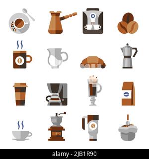 Coffee icons flat set with french press machine pouch grinder isolated vector illustration Stock Vector