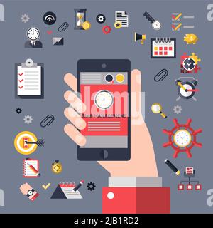 Time management concept with hand holding mobile phone and successful business planning elements vector illustration Stock Vector