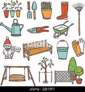 Gardening tools decorative icons set with hand drawn farming equipment isolated vector illustration Stock Vector