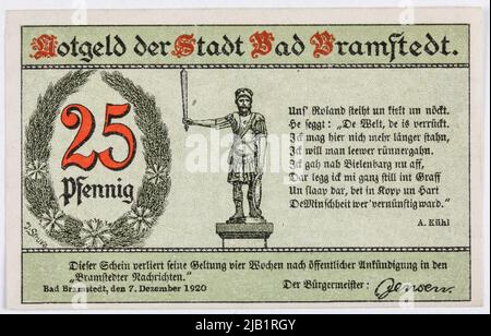 Replacement voucher at 25 Pfennig, Stadt, Bad Bramstedt; Germany, 7.12.1920 Stock Photo