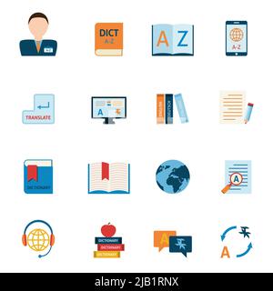 Interlengual synchronic translator mobile electronic device dictionary support alphabet apps flat icons set abstract isolated vector illustration Stock Vector