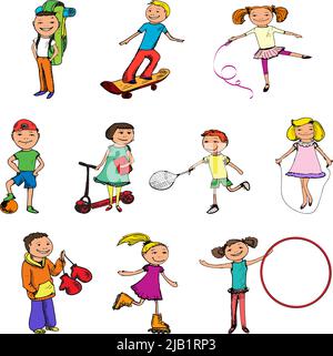 Children boys and girls with ball tennis racquet jumping rope sports colored sketch characters set isolated vector illustration Stock Vector