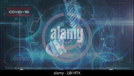 Image of scope scanning and virus cell over caucasian businessman and data processing Stock Photo