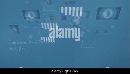Image of mathematical equations and data processing on blue background Stock Photo