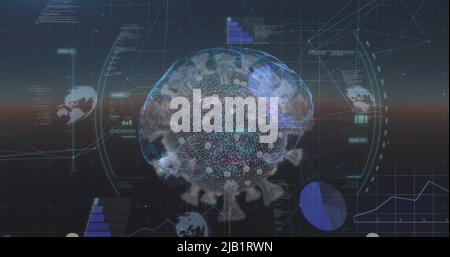 Image of scope scanning and virus cell over brain Stock Photo
