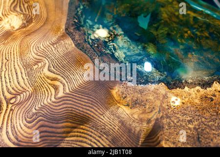 Epoxy resin table with transparent inserts and wooden base. Stock Photo