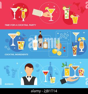 Alcohol cocktails banner set with barman ingredients party isolated vector illustration. Stock Vector