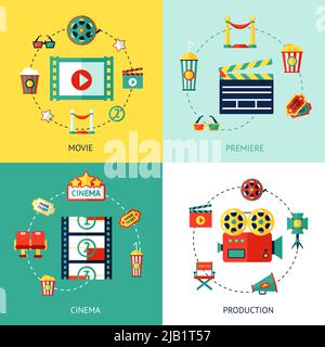 Cinema production flat design concepts set with movie premiere  icons isolated vector illustration Stock Vector