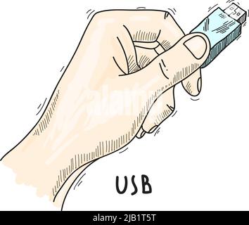Hand holding computer data usb flash drive hand drawn poster vector illustration Stock Vector