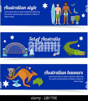 Australia horizontal banner set with tourist and travel landmarks isolated vector illustration Stock Vector