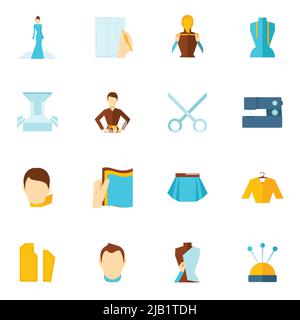 Clothes designer icons flat set with sewing textile and fashion elements isolated vector illustration Stock Vector