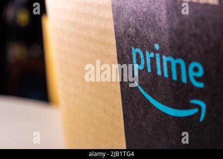 Kumamoto, JAPAN - Aug 10 2021 : Amazon Prime logo printed on cardboard box. Amazon Prime is a paid subscription program from Amazon.com Stock Photo