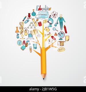 Education doodle concept with research science school icons on pencil tree vector illustration Stock Vector