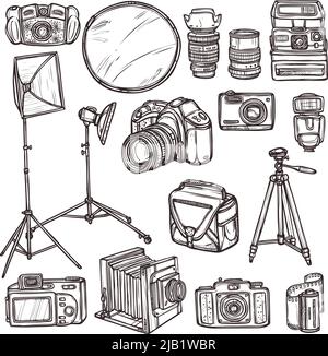 Vintage and modern camera photo equipment sketch decorative icons set isolated vector illustration Stock Vector