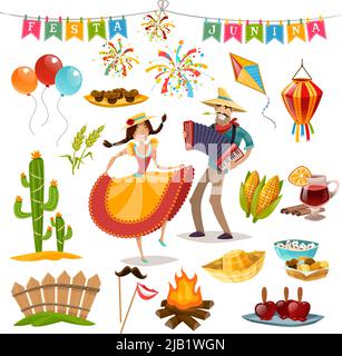 Colored and isolated festa junina icon set Brazil bright holiday village festival of fertility vector illustration Stock Vector