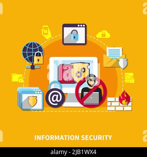 Information security concept with protection symbols on yellow background flat vector illustration Stock Vector