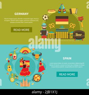 Set of two horizontal travel banners with flat image compositions of german and spanish national characters vector illustration Stock Vector