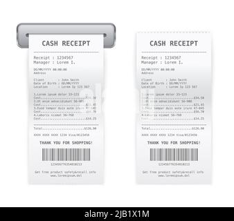 Sales services printed cash receipt coming from register paper roll 2 realistic images set isolated vector illustrations Stock Vector