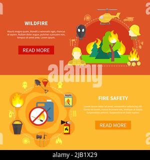 Firefighting safety tools and forest windfire horizontal banners set flat isolated vector illustration Stock Vector