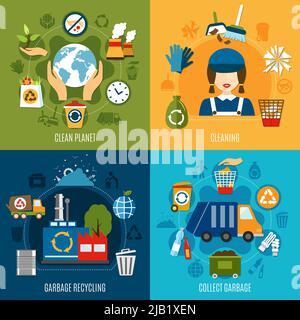 Garbage design concept with four square compositions of flat waste recycling and cleaning images and pictograms vector illustration Stock Vector