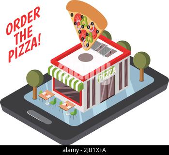 Online pizzeria isometric composition including restaurant building with street tables, trees on mobile device screen vector illustration Stock Vector