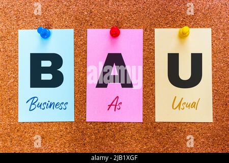 Conceptual 3 letter acronym abbreviation BAU (Business As Usual) on multicolored stickers attached to a cork board. Stock Photo