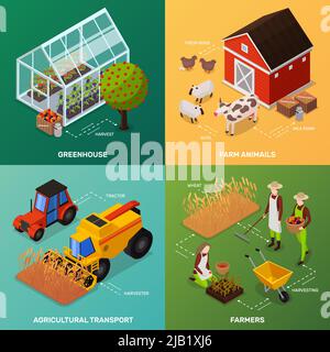 Organic farming products isometric icons 2x2 design concept with four compositions of farmers vehicles and buildings vector illustration Stock Vector