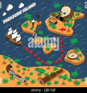Treasure island isometric composition with sailing ship pirates trunk with golden coins compass handgun vector illustration Stock Vector