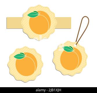 Sticker for jar of apricot jam packaging. Canned vegetables and fruits. Summer harvest. Advertising poster with peach fruit silhouette. Simple flat ve Stock Vector