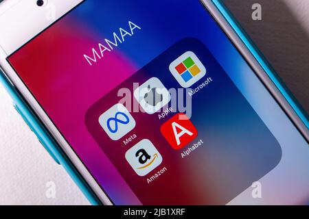 Icons of MAMAA, stands for Meta, Apple, Microsoft, Amazon, & Alphabet inc (Google's parent company), 5 US tech giants in the IT industry, on iPhone Stock Photo