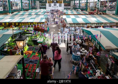 Shrewsbury Market Hall, a indoor market in the centre of the town. England, UK. Stock Photo