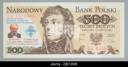 A banknote for PLN 500, National Bank of Poland, 1.06.1982 (1999) with occasional print PWPW Warsaw Stock Photo