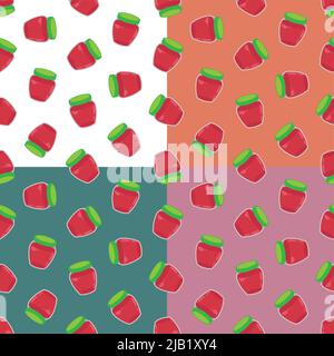 Set of seamless patterns with packaged jar of jam or compote in doodle style. Ornament for decoration and printing on fabric. Design element. Vector Stock Vector