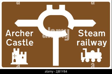 Archer Castle, Steam Railway, Brown tourist and leisure facility signing, Road signs in the United Kingdom Stock Vector