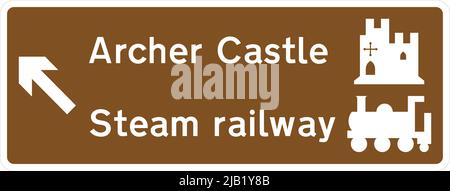 Archer Castle, Steam Railway, Brown tourist and leisure facility signing, Road signs in the United Kingdom Stock Vector