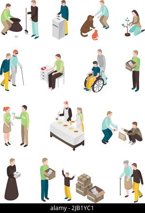 Charity volunteer people isometric set of isolated human characters of different age doing various humanitarian activities vector illustration Stock Vector