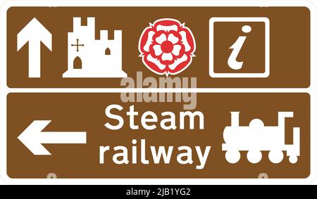 Steam Railway, Brown tourist and leisure facility signing, Road signs in the United Kingdom Stock Vector