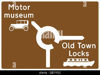 Motor Museum, Old Town Locks, Brown tourist and leisure facility signing, Road signs in the United Kingdom Stock Vector