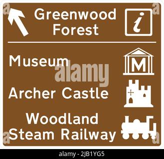 Greenwood Forest, Museum, Archer Castle, Woodland Steam Railway, Brown tourist and leisure facility signing, Road signs in the United Kingdom Stock Vector