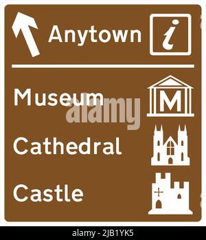 Greenwood Forest, Museum, Archer Castle, Woodland Steam Railway, Brown tourist and leisure facility signing, Road signs in the United Kingdom Stock Vector