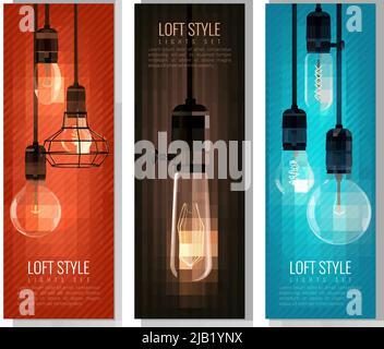 Set of vertical banners with glowing light bulbs in vintage style on colorful backgrounds isolated vector illustration Stock Vector