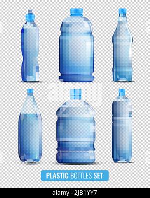 Colored and realistic 3d plastic bottles transparent icon set on transparent background vector illustration Stock Vector