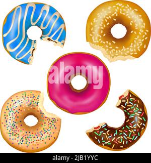 Set of realistic eaten donuts with filling, various decoration including colorful glaze, sesame seeds isolated vector illustration Stock Vector