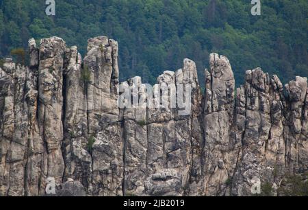 Czech sandstone rocks in Bohemian Paradise shaped by wind, water, frost, erosion, and humans into unique shapes. Stock Photo