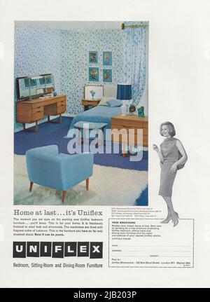 Uniflex furniture vintage furniture advertisement paper advert from 1970s paper magazine ad dining room bedroom and sitting room furniture Stock Photo
