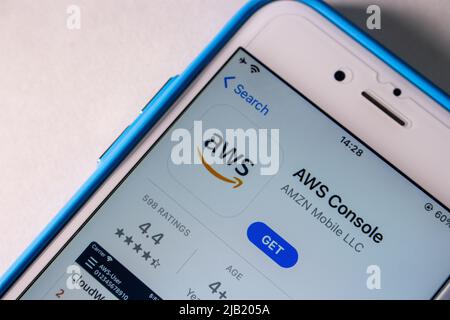AWS Console (Amazon Web Services) app in App Store on iPhone. AWS is a providing on-demand cloud computing platforms and APIs by Amazon Stock Photo