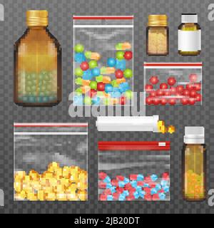 Colorful pills capsules drugstore assortment realistic set in sealed plastic bags and bottles dark transparent background vector illustration Stock Vector