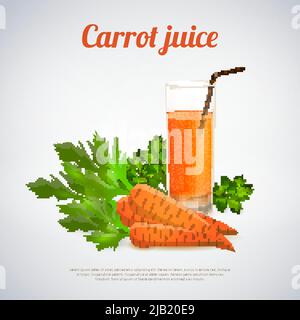 Glass of carrot juice with drinking straw root vegetables and green leaves on light background vector illustration Stock Vector