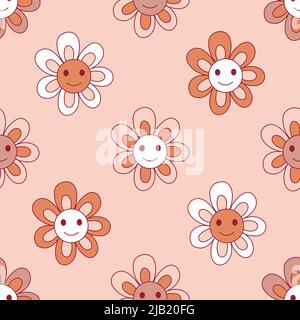 Floral Vector Background With Vintage Groovy Daisy Flowers