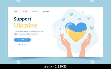 Support Ukraine, hands holding a heart with colors of Ukrainian flag. Donating and volunteering concept. Landing page template, vector illustration in Stock Vector